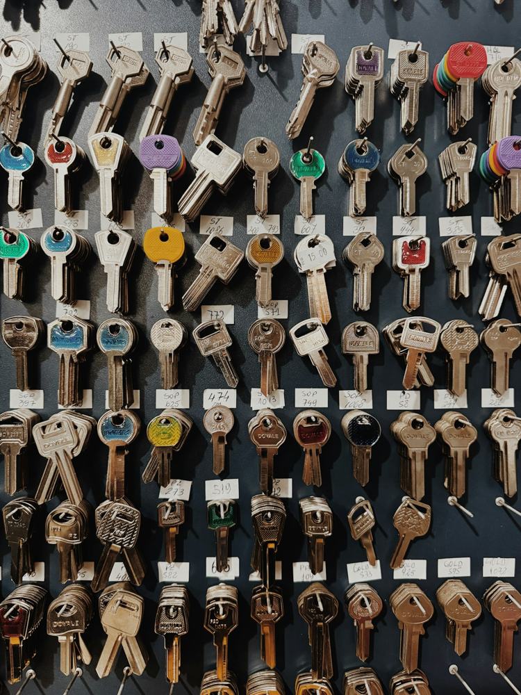 A wall of cut keys, row on row